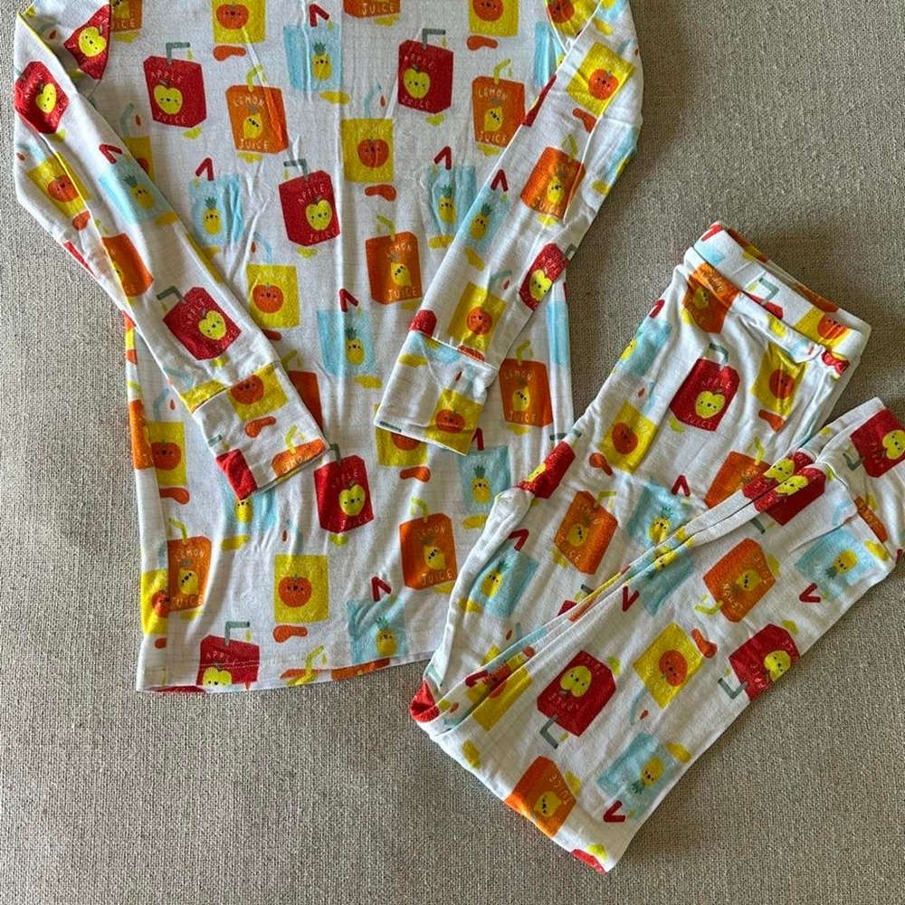 Kiki + Lulu Pajama Set Kids 9/10 Juice Box Bamboo Viscose Long Sleeve PJs White